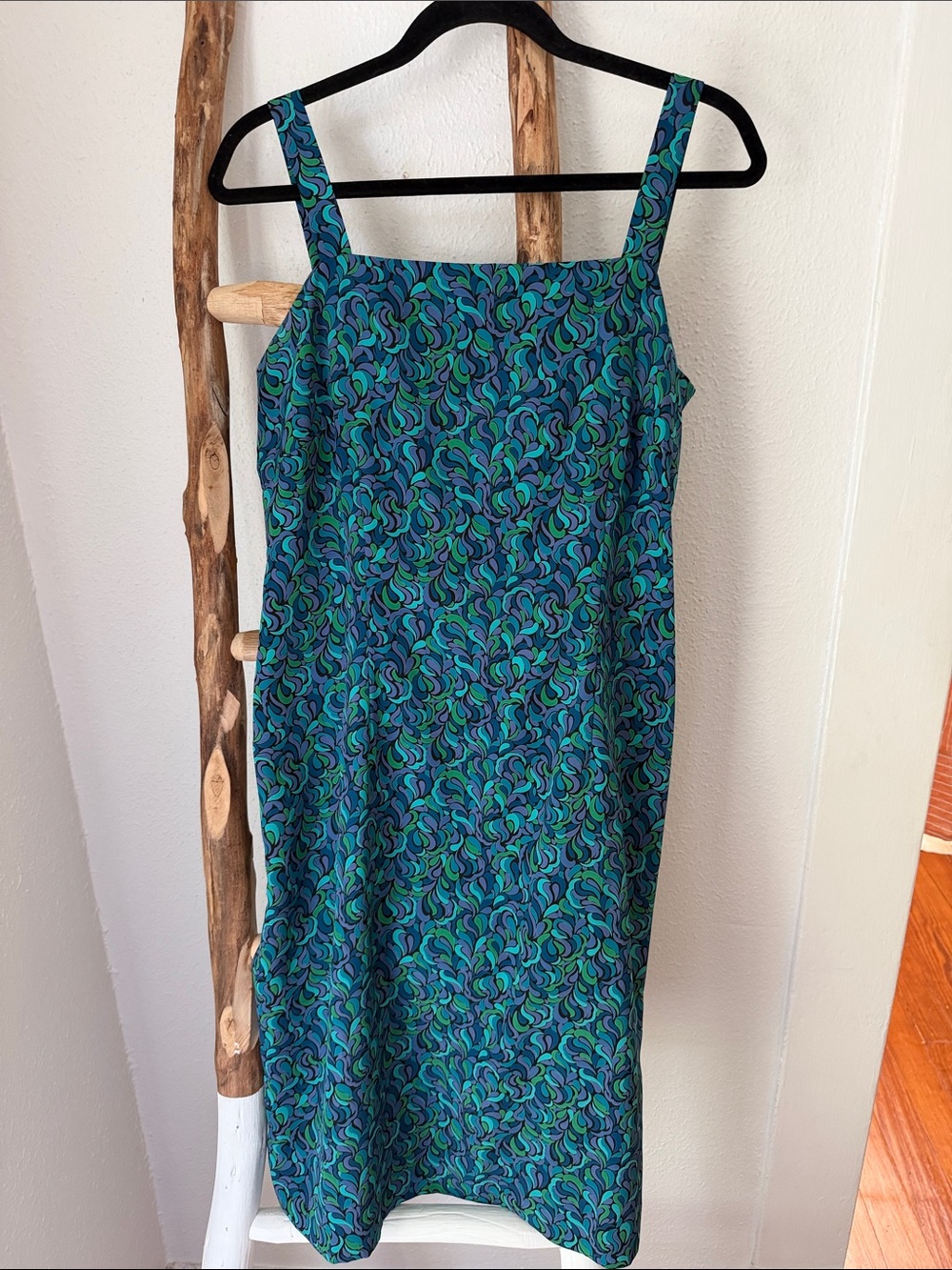 Harold's Vintage Teal Blue Green Purple Abstract Print Tailored Midi Dress 12